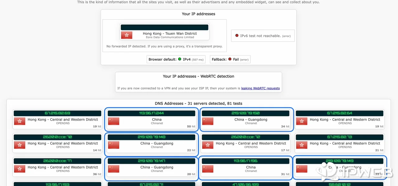 未跳过IP解析引发明文请求导致的典型DNS泄露结果