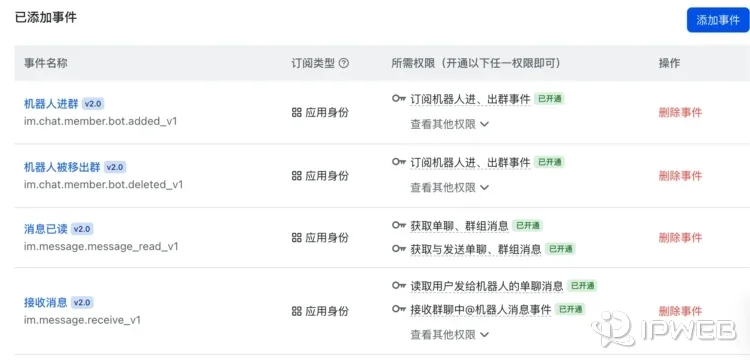 飞书开放平台事件配置页面，已添加机器人进群、机器人被移出群、消息已读和接收消息等事件