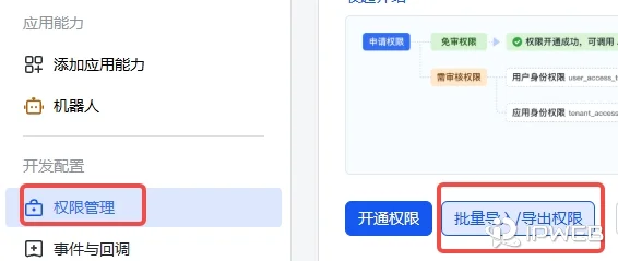 飞书开放平台应用后台的权限管理页面，点击批量导入导出权限入口