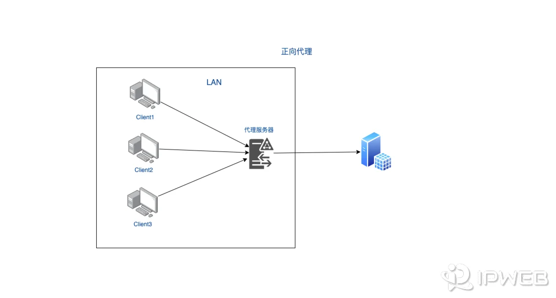正向代理示意图，客户端先访问代理服务器，再由代理服务器访问目标服务器