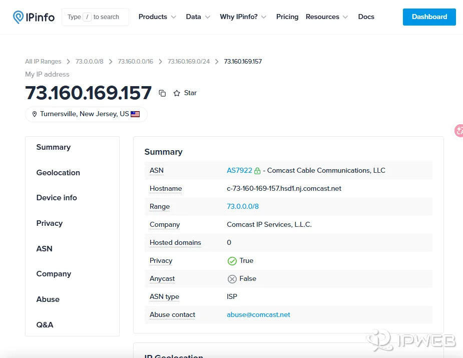 通过 IPinfo 和 IP 检测站查看当前静态住宅代理的地区、ASN 和 IP 类型
