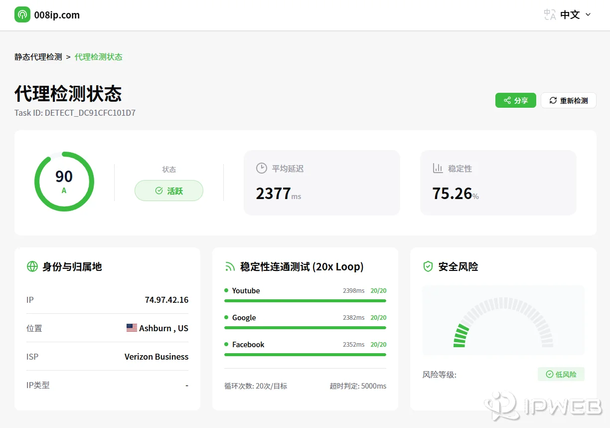 查看当前出口 IP 的地区、连通状态、平均延迟与稳定性，确认线路状态