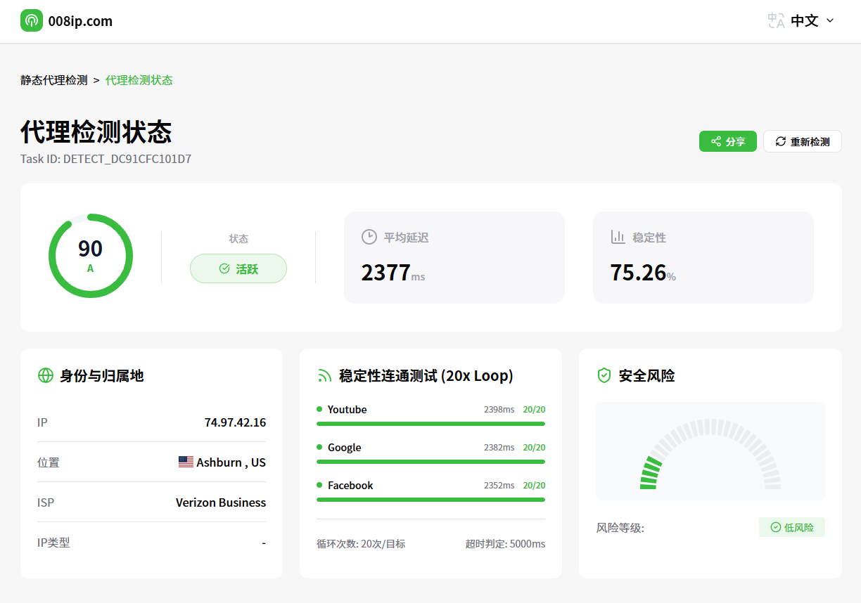 代理检测状态页面示意图，显示 IP 归属地、稳定性与安全风险信息