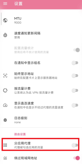 NekoBox路由设置界面的分应用代理开关