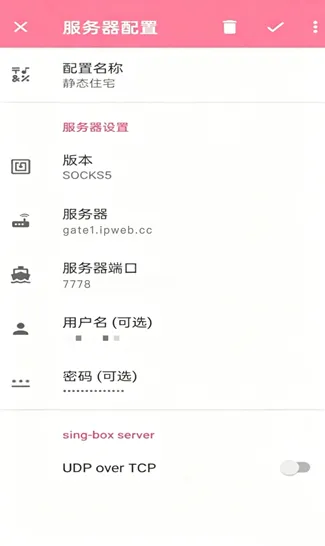 NekoBox服务器配置界面，展示了静态住宅代理的SOCKS 5协议类型、服务器地址、端口及身份验证等信息的填写