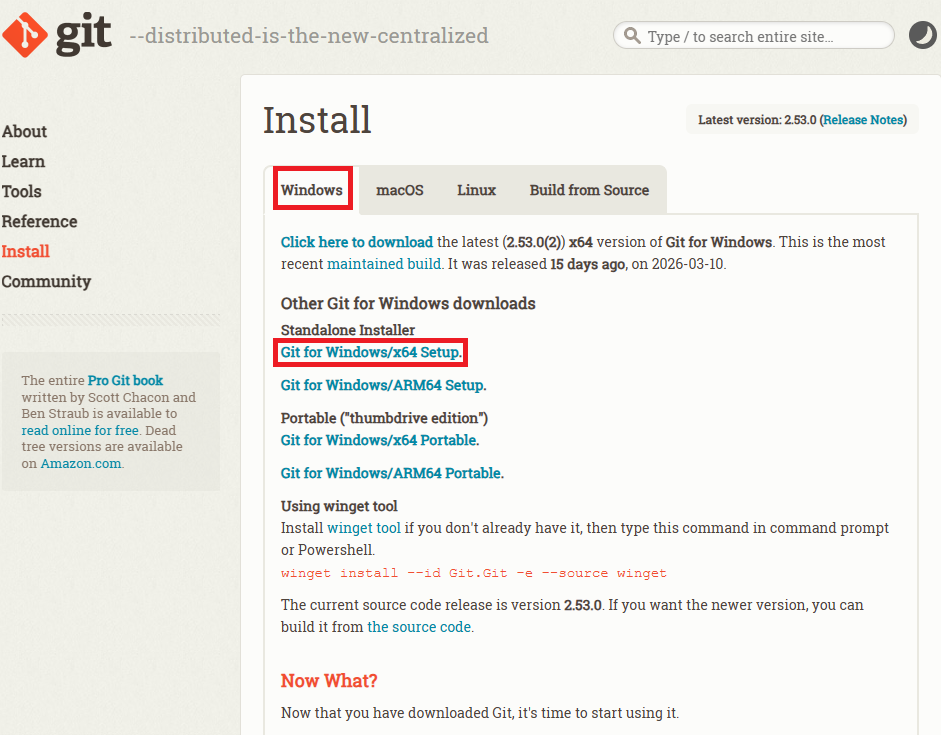 Git for Windows 下载页面示意图，页面中标出 Windows 下载链接位置