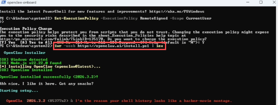 在 PowerShell 中执行 OpenClaw 官方安装命令的终端界面示意图
