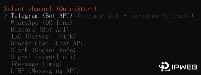 OpenClaw 初始化终端界面示意图，channel 选项中已选中 Telegram