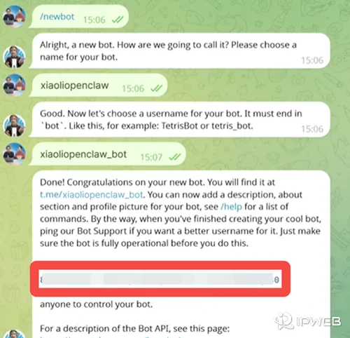 BotFather 创建 Telegram 机器人后的对话示意图，页面显示新机器人已创建成功，并返回对应的 TOKEN 信息