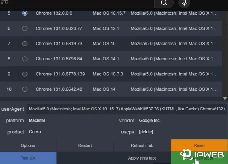 User-Agent Switcher and Manager 插件中选择不同 Chrome 版本和设备类型后点击绿色按钮应用