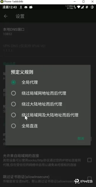 V2rayNG预设路由规则切换局域网及大陆地址