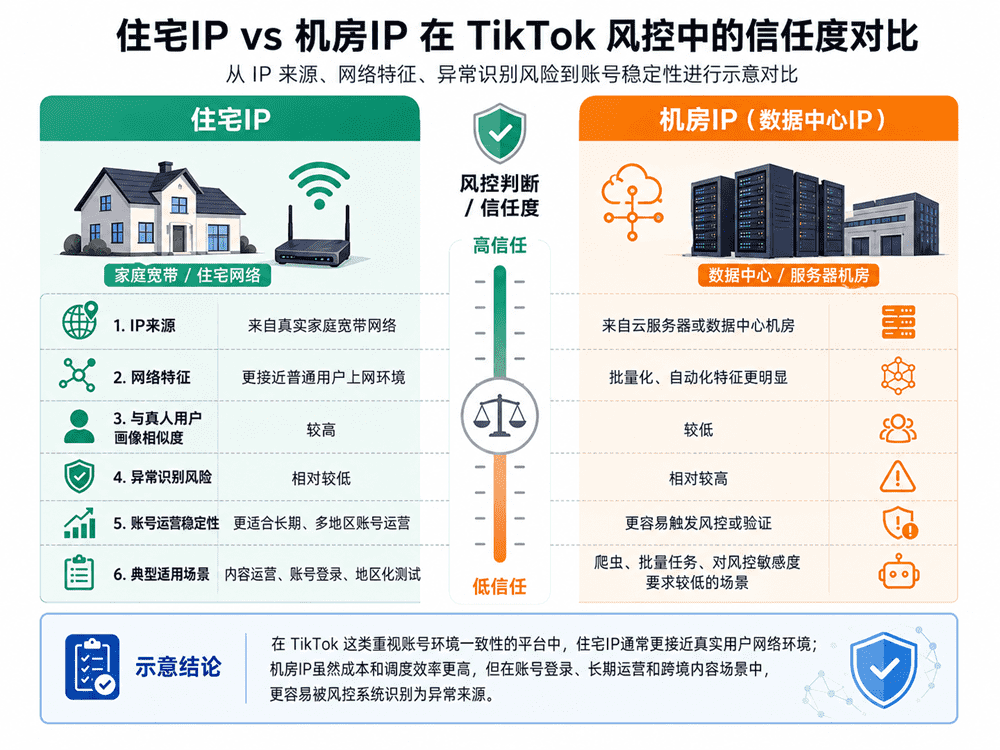 住宅IP与机房IP在TikTok风控中的信任度对比示意图。图表详细对比了两者在IP来源、网络特征、真人用户画像相似度、异常识别风险、账号运营稳定性及典型适用场景等维度的差异，强调了住宅IP在长期运营中的高信任度优势。