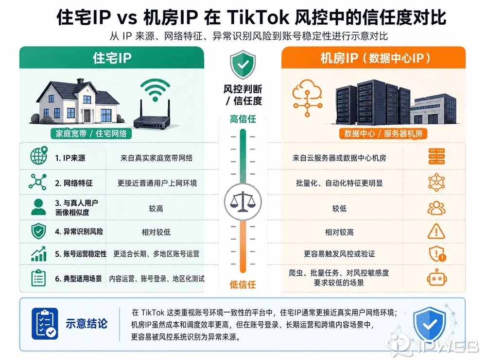 住宅IP与机房IP在TikTok风控中的信任度对比示意图。图表详细对比了两者在IP来源、网络特征、真人用户画像相似度、异常识别风险、账号运营稳定性及典型适用场景等维度的差异，强调了住宅IP在长期运营中的高信任度优势。