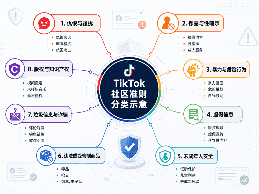 TikTok社区准则分类示意图，采用彩色信息图表形式展示了八大核心违规机制，包括：仇恨与骚扰、裸露与性暗示、暴力与危险行为、虚假信息、未成年人安全、违法或管制商品、垃圾信息与诈骗、以及版权与知识产权。