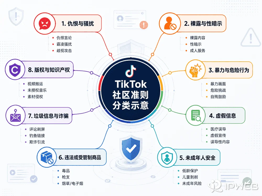 TikTok社区准则分类示意图，采用彩色信息图表形式展示了八大核心违规机制，包括：仇恨与骚扰、裸露与性暗示、暴力与危险行为、虚假信息、未成年人安全、违法或管制商品、垃圾信息与诈骗、以及版权与知识产权。