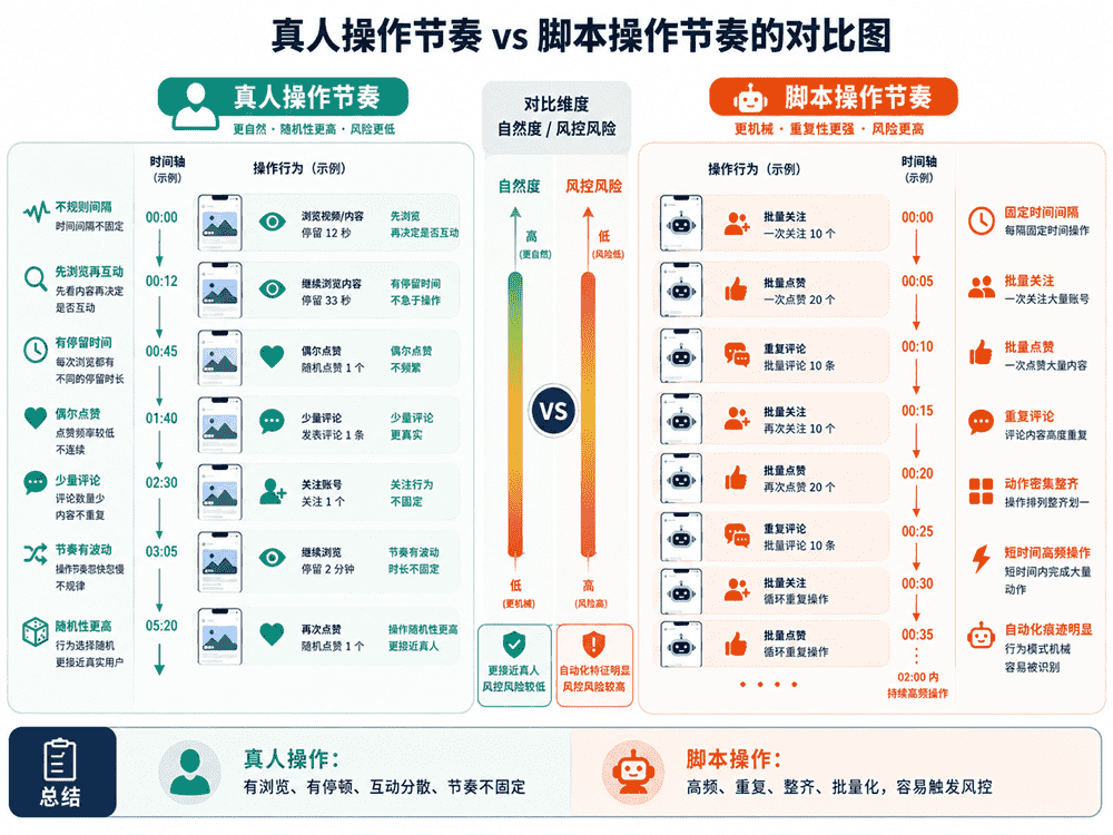 真人操作与脚本操作节奏对比图，详细展示了真人在TikTok上的自然随机行为（如不规则间隔、先浏览后互动、随机点赞）与脚本工具的机械重复行为（如固定间隔、批量操作、高频触发）在风控系统中的信用度差异。