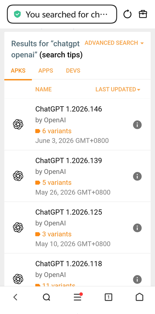 第三方 APK 平台中的 ChatGPT 安装包搜索结果示例