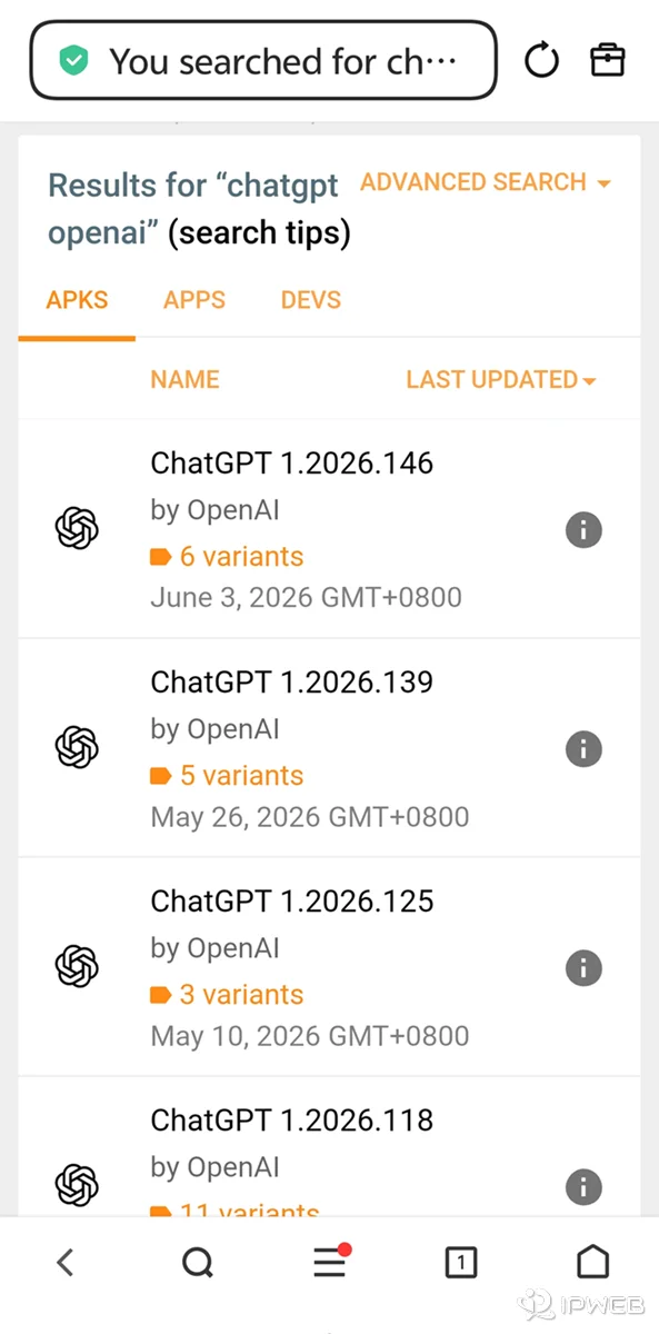 APKMirror 网站中搜索 ChatGPT 官方版本的历史版本列表
