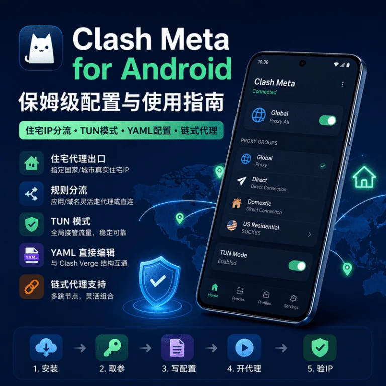 Clash Meta Android 端接入住宅 IP：YAML 配置与 TUN 模式详解