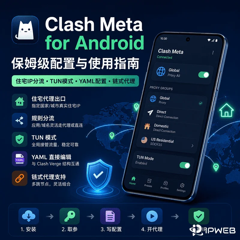 Clash Meta Android 端接入住宅 IP：YAML 配置与 TUN 模式详解