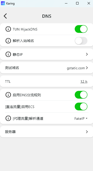 Karing DNS 设置界面，详细展示了 TUN HijackDNS 开启、解析入站域名关闭、启动 DNS 分流规则开启以及代理流量解析通道设置为 FakeIP 的推荐配置状态