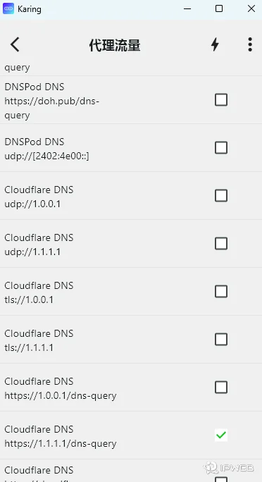 Karing 代理流量 DNS 服务器选择界面，展示了包括 DNSPod 和 Cloudflare 等多种公共 DNS 选项