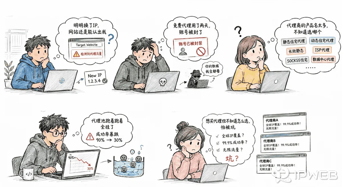 手绘插画展示了五位用户在使用代理IP时遇到的常见困扰，包括更换IP后仍被目标网站识别、使用免费节点导致账号受限、面对众多代理类型不知如何选择、代理池连通率骤降，以及挑选服务商时的选择困难