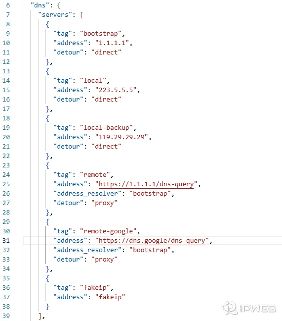 sing-box DNS 配置文件代码片段，展示了 bootstrap、local、remote 和 fakeip 等服务器配置策略