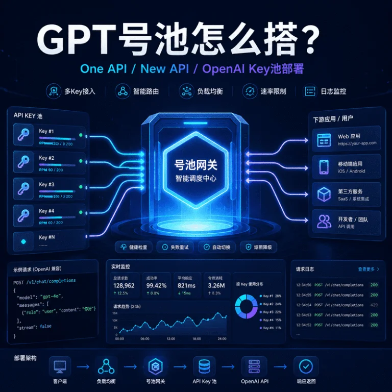 GPT号池搭建封面图，展示多个OpenAI API Key通过网关进行智能路由、负载均衡和日志监控。