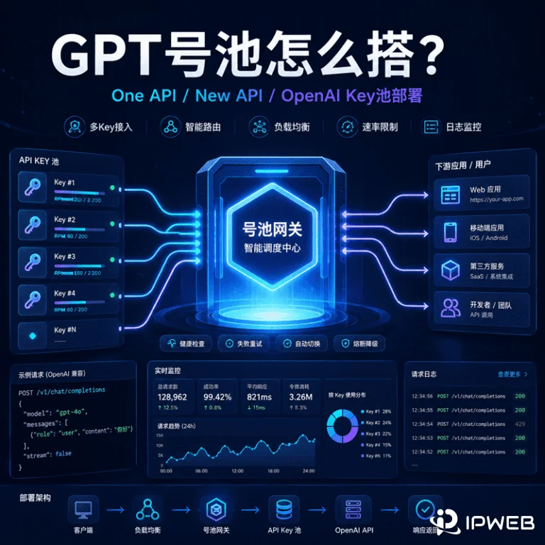 GPT号池搭建封面图，展示多个OpenAI API Key通过网关进行智能路由、负载均衡和日志监控。