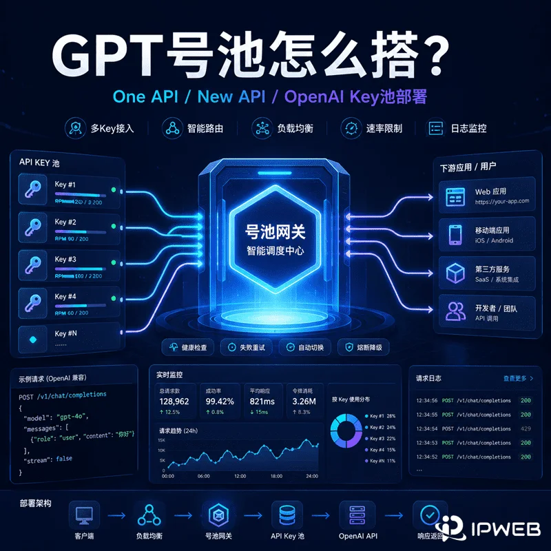 GPT号池搭建封面图，展示多个OpenAI API Key通过网关进行智能路由、负载均衡和日志监控。