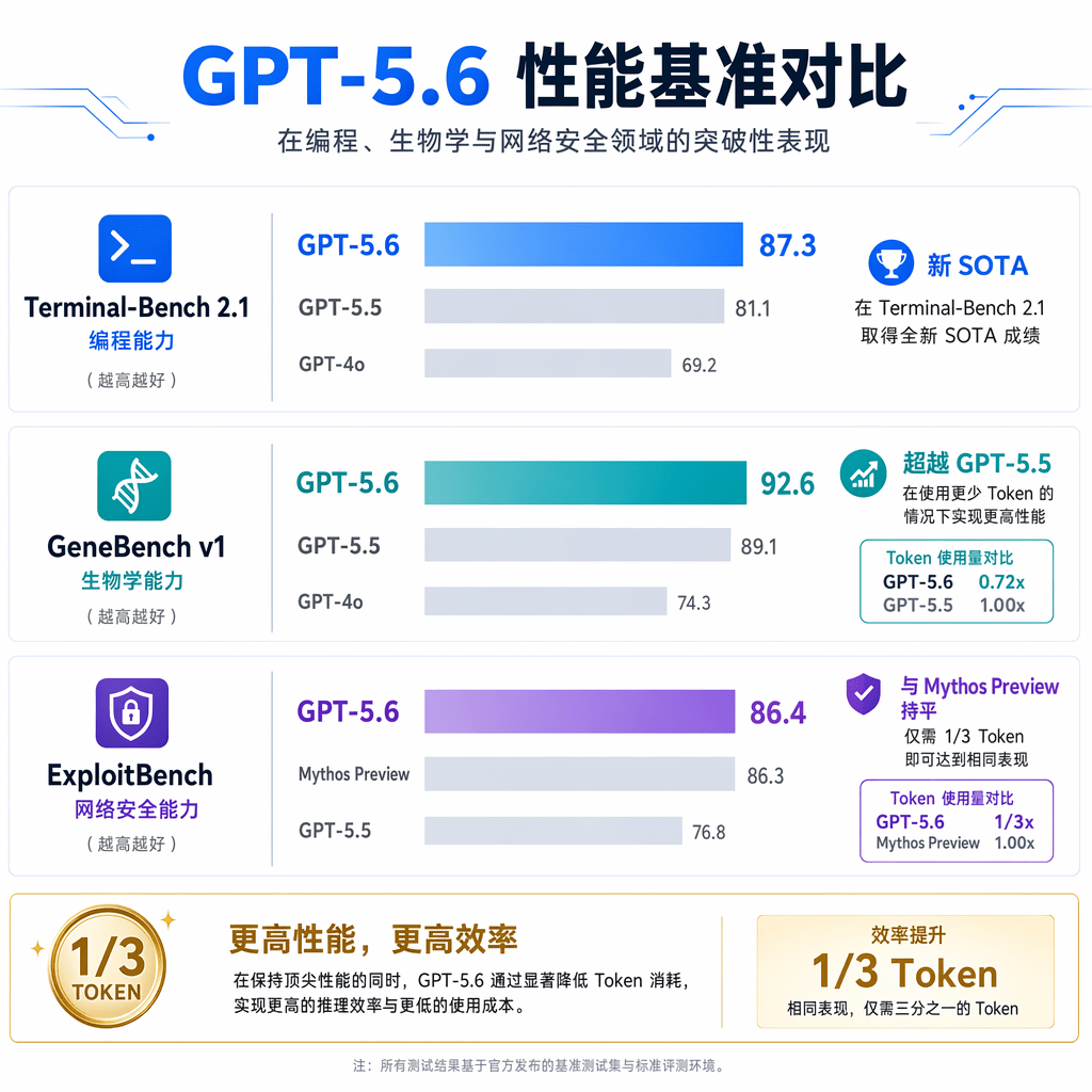 GPT-5.6 三大基准测试对比：Terminal-Bench、GeneBench、ExploitBench