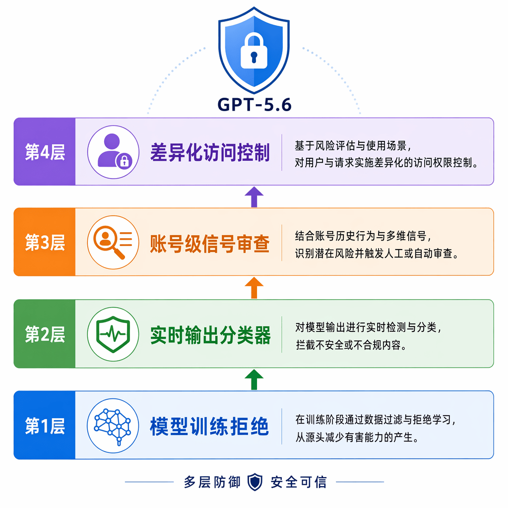 GPT-5.6 四层防护栈：训练拒绝→实时分类器→账号审查→访问控制
