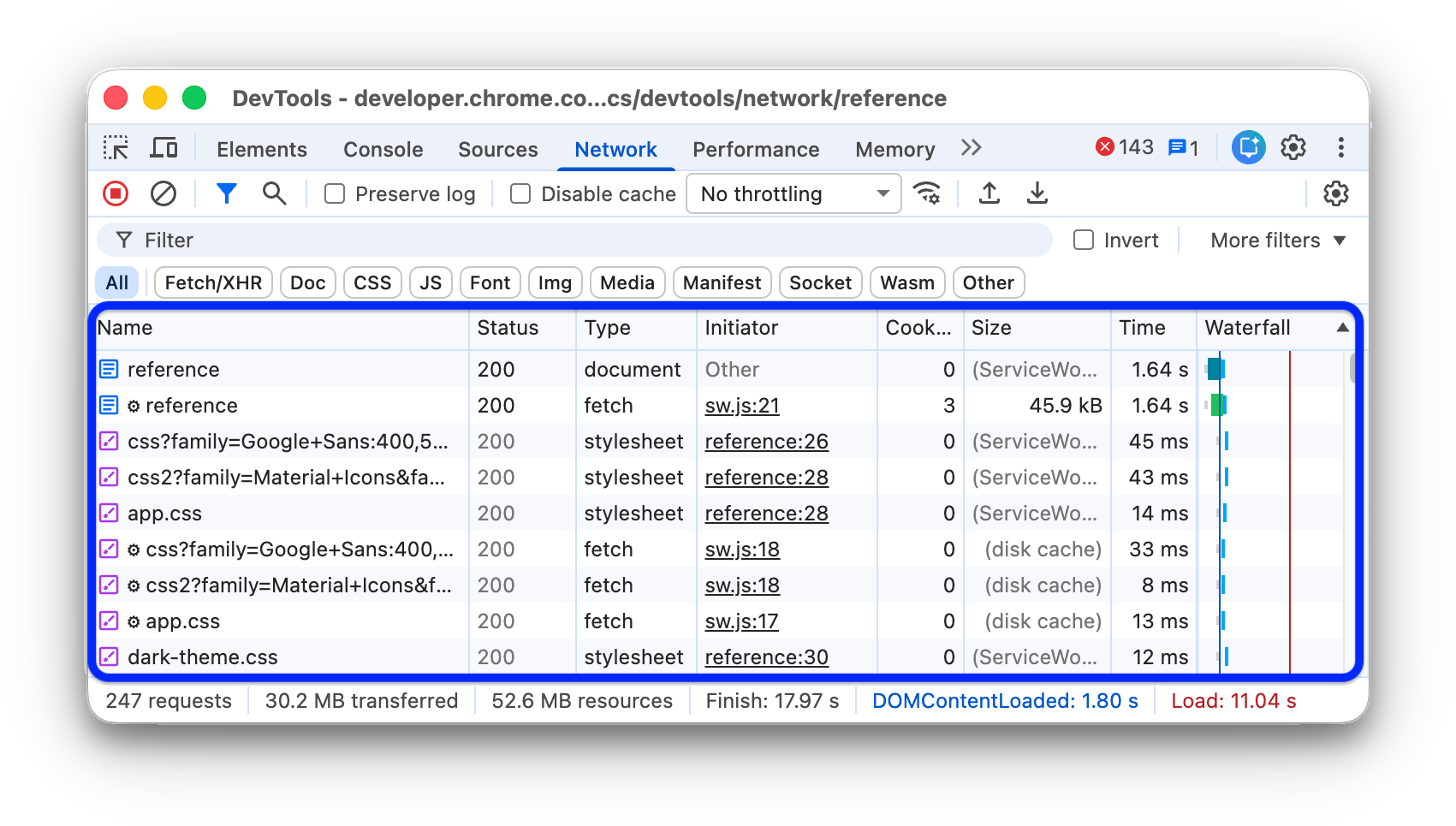 Chrome开发者工具Network面板查看Size传输量和资源类型截图