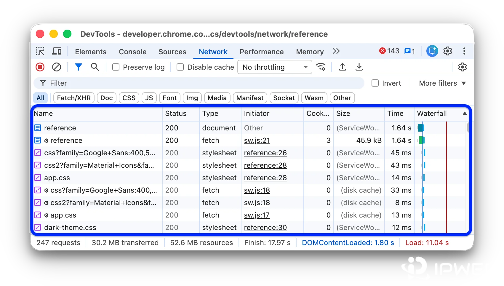 Chrome开发者工具Network面板查看Size传输量和资源类型截图