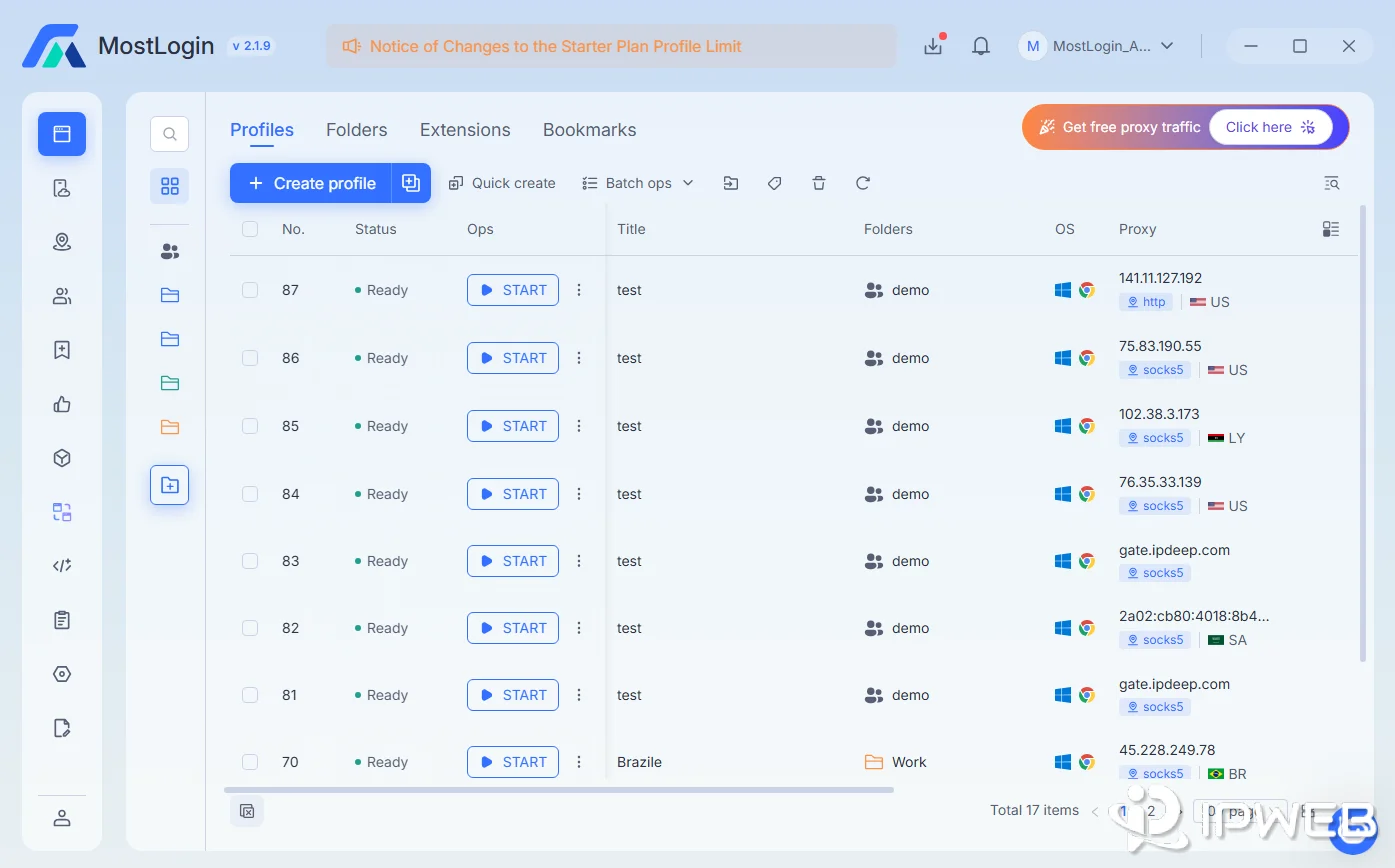 MostLogin 浏览器环境与代理管理界面