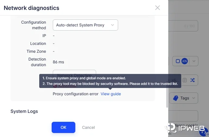AdsPower Network Diagnostics 显示 System Proxy 配置异常