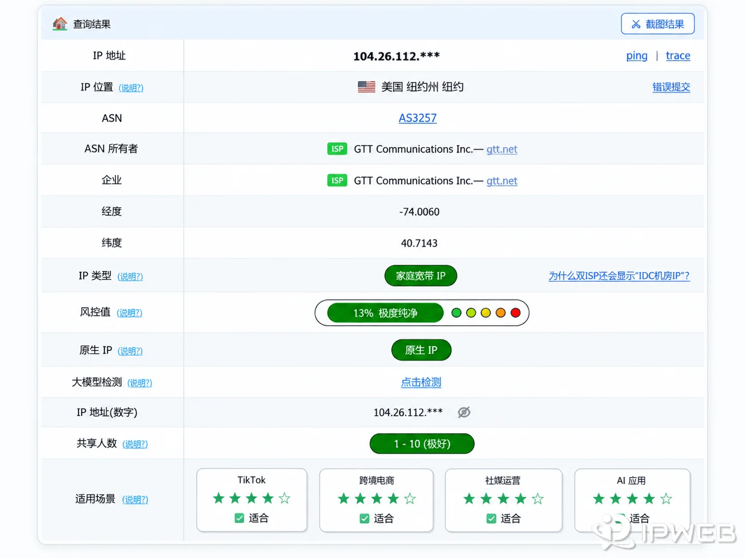 Clash Party链式代理连接后验证住宅出口IP的结果图